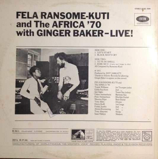 Fela Kuti And Africa 70 With Ginger Baker : Live! (LP, Album)