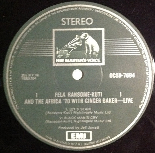 Fela Kuti And Africa 70 With Ginger Baker : Live! (LP, Album)