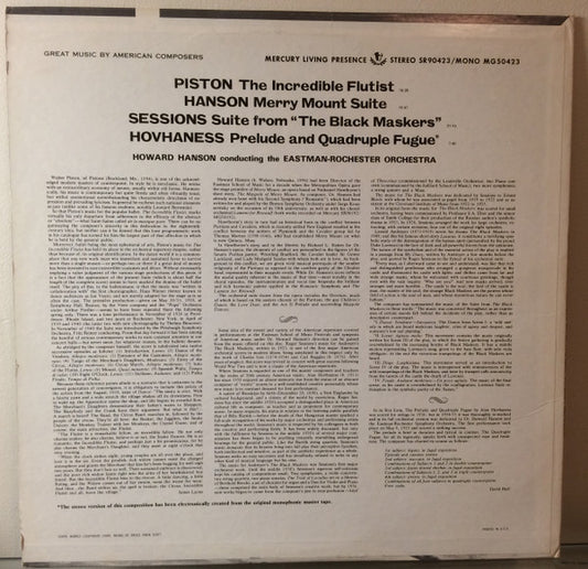 Walter Piston, Roger Sessions, Howard Hanson, Alan Hovhaness, Eastman-Rochester Orchestra : The Incredible Flutist / Suite From "The Black Maskers" / Merry Mount Suite / Prelude & Quadruple Fugue (LP)