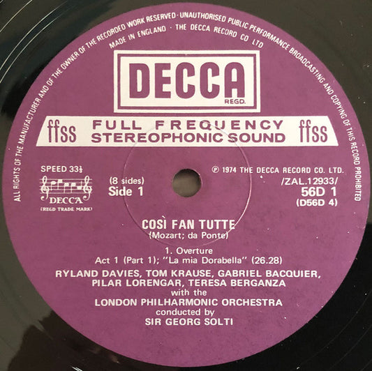 Wolfgang Amadeus Mozart, Pilar Lorengar, Gabriel Bacquier, Ryland Davies, Teresa Berganza, Jane Berbié, Tom Krause, London Philharmonic Orchestra, Georg Solti : Cosí Fan Tutte (4xLP, RP + Box)