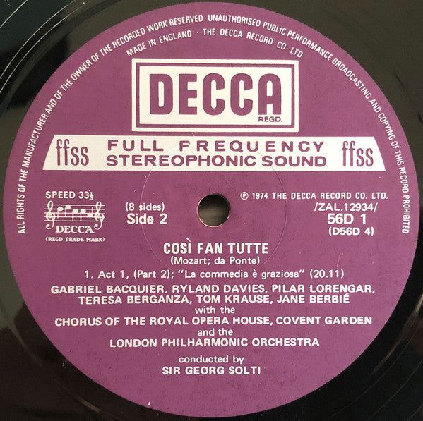 Wolfgang Amadeus Mozart, Pilar Lorengar, Gabriel Bacquier, Ryland Davies, Teresa Berganza, Jane Berbié, Tom Krause, London Philharmonic Orchestra, Georg Solti : Cosí Fan Tutte (4xLP, RP + Box)
