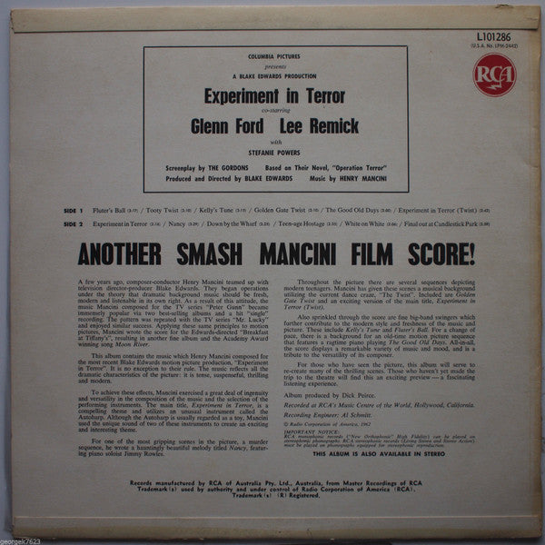 Henry Mancini : Experiment In Terror (Music From The Motion Picture) (LP, Album, Mono)