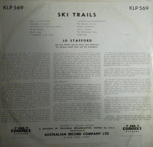 Jo Stafford With Paul Weston And His Music From Hollywood, Norman Luboff Choir And The Starlighters : Ski Trails (LP, Album, Mono)