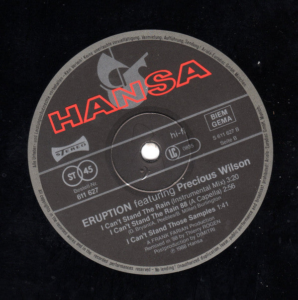 Eruption (4) Featuring Precious Wilson : I Can't Stand The Rain 88 (12", Maxi)