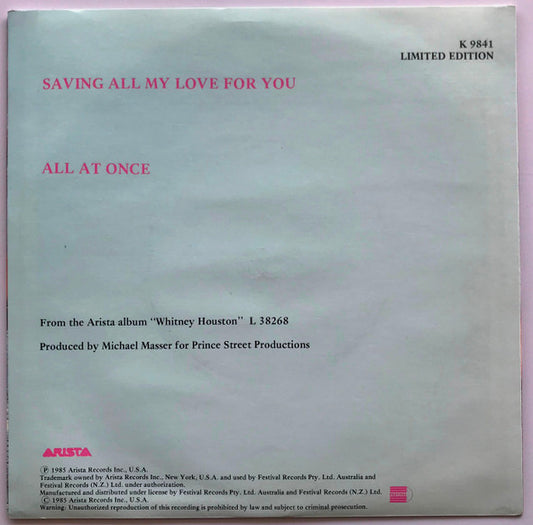 Whitney Houston : Saving All My Love For You (7", Single, Ltd)