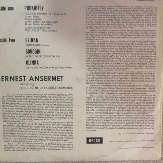 Sergei Prokofiev / Mikhail Ivanovich Glinka / Alexander Borodin, Ernest Ansermet, L'Orchestre De La Suisse Romande : Classical Symphony / March And Scherzo / Kamarinskaïa Fantasy / A Life For The Czar / In The Steppes Of Central Asia (LP, Mono)