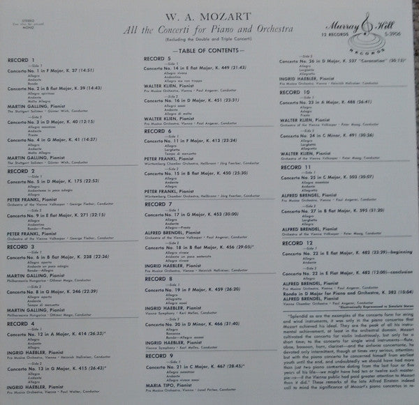Wolfgang Amadeus Mozart : All The Concerti For Piano And Orchestra - Excluding The Double And Triple Concerti (12xLP + Box, Comp)