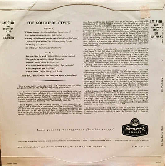 Jeri Southern : The Southern Style (LP, Album, Mono)