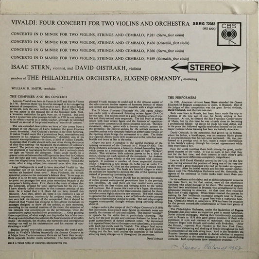 Isaac Stern, David Oistrach, Eugene Ormandy, The Philadelphia Orchestra : Four Vivaldi Concerti For Two Violins And Orchestra (LP, Album)