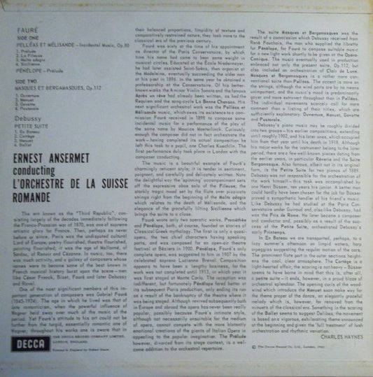 Gabriel Fauré, Claude Debussy, Ernest Ansermet Conducting L'Orchestre De La Suisse Romande : Pelléas Et Mélissande, Masques Et Bergamasques, Petite Suite (LP, Album, Mono)