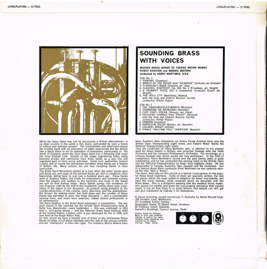 Massed Brass Bands Of Fodens, Fairey Aviation & Morris Motors Conducted By Harry Mortimer : Sounding Brass With Voices (LP, Album, Club)