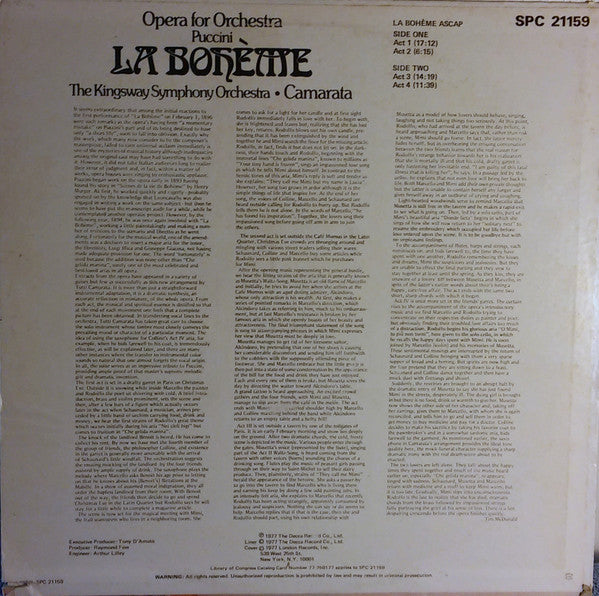 The Kingsway Symphony Orchestra, Tutti Camarata : La Bohème Opera Para Orquesta (LP)