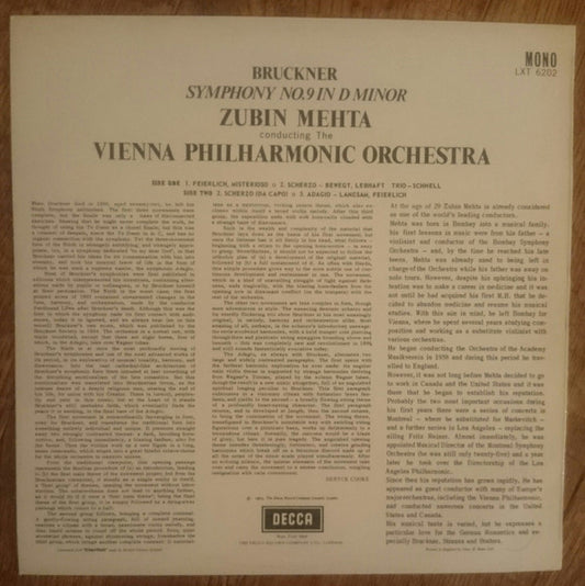 Zubin Mehta, Anton Bruckner, Wiener Philharmoniker : Symphony No.9 In D Minor (LP, Mono)