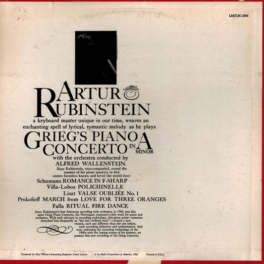 Arthur Rubinstein, Alfred Wallenstein - Edvard Grieg, Manuel De Falla, Franz Liszt, Robert Schumann, Sergei Prokofiev, Heitor Villa-Lobos : Grieg Piano Concerto (and Favorite Encores) (LP, Album)