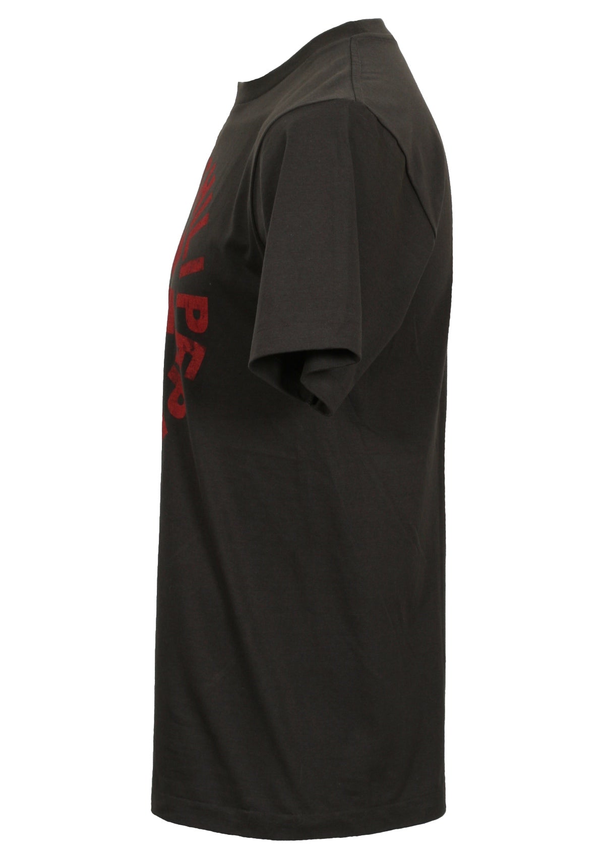 black cotton t-shirt with red hot chili peppers logo and band name printed on front from side