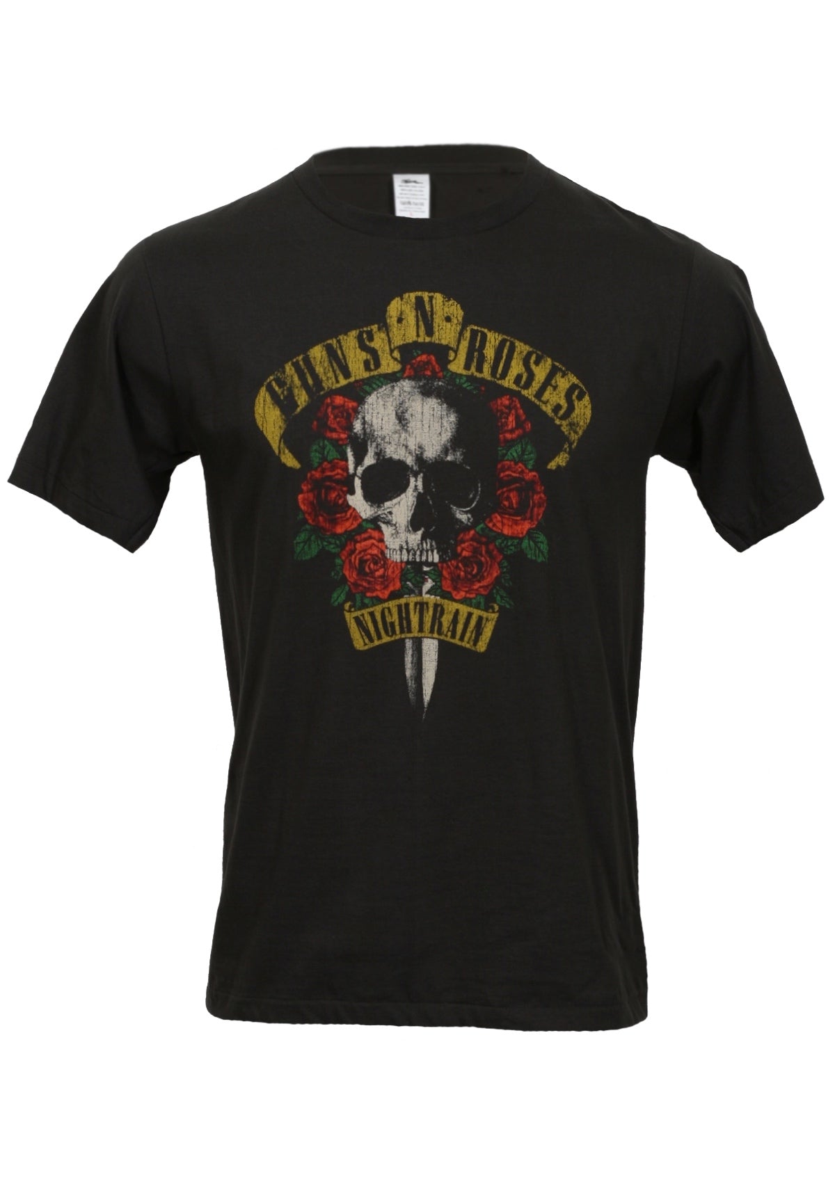 black cotton t-shirt with guns 'n' roses nightrain skull and roses graphic print on front