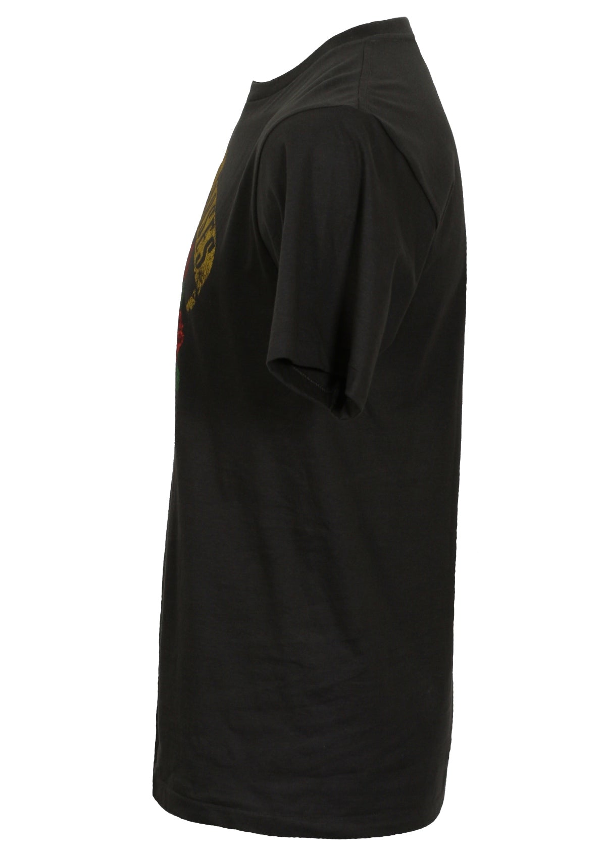 black cotton t-shirt with guns 'n' roses nightrain skull and roses graphic print on front from side