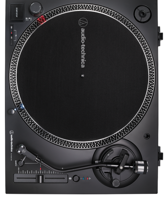 audio technica LP120xbt usb and bluetooth turntable in black from above without lid