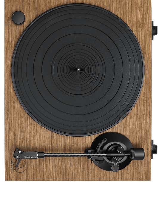 audio technica LPW40WN turntable with timber finish from above with no lid