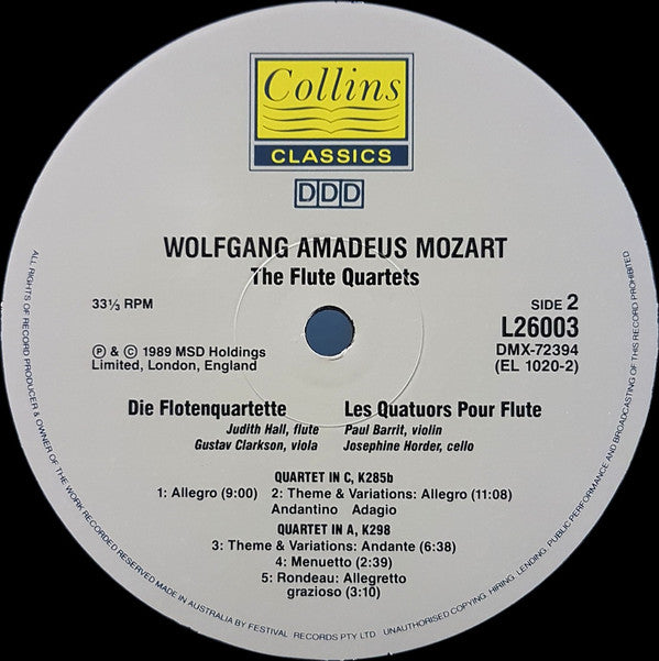 Wolfgang Amadeus Mozart, Judith Hall : The Flute Quartets (LP)