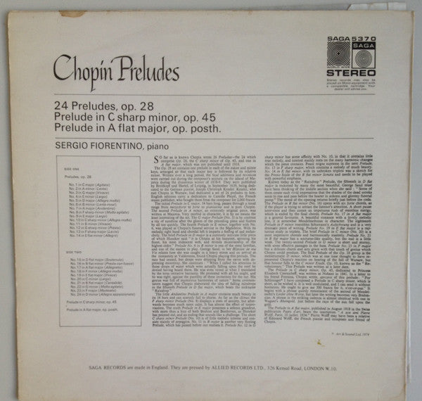 Frédéric Chopin, Sergio Fiorentino : Preludes (LP, RE)