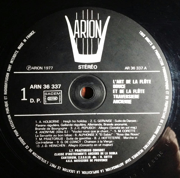 Ars Antiqua De Paris, Les Musiciens De Provence, Les Eleves De La Classe D'Instruments Anciens De La Schola Cantorum, The Praetorius Consort, Jean-Claude Veilhan, Marie-Françoise Bloch, Guy Robert : L'Art De La Flûte Douce Et De La Flûte Traversière Ancienne (LP, Gat)
