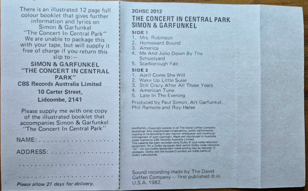 Simon & Garfunkel : The Concert In Central Park (2xCass, Album, Gre)