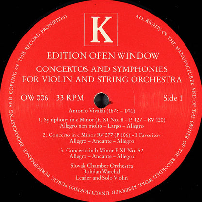 Antonio Vivaldi, Giovanni Sammartini - Slovak Chamber Orchestra, Bohdan Warchal : Concertos And Symphonies For Violin And Orchestra (LP, Album)