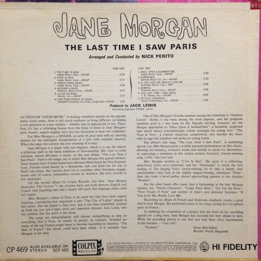 Jane Morgan : The Last Time I Saw Paris (LP, Album, Mono)