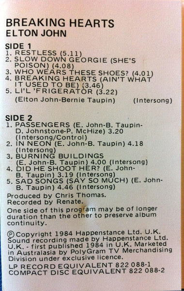 Elton John : Breaking Hearts (Cass, Album, Dol)
