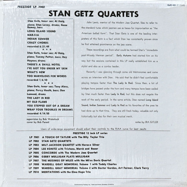 Stan Getz : Stan Getz Quartets (LP, Comp, Mono, RE)