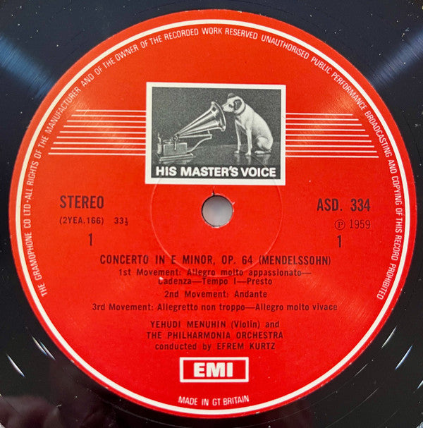 Felix Mendelssohn-Bartholdy / Max Bruch - Yehudi Menuhin, Philharmonia Orchestra, Walter Susskind, Efrem Kurtz : Concerto In E Minor, Op. 64 / Concerto No.1 In G Minor, Op. 26 (LP)