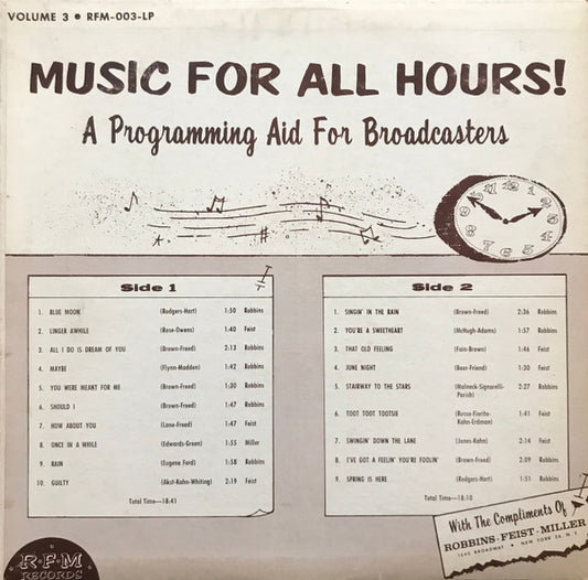 The Studio Group (3) : Music For All Hours! (A Programming Aid For Broadcasters) (LP, Promo)