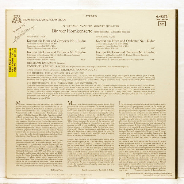 Wolfgang Amadeus Mozart - Hermann Baumann, Concentus Musicus* : Die 4 Hornkonzerte (Horn Concertos · Concertos Pour Cor) (LP, Album)