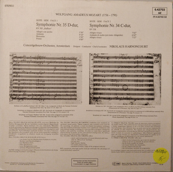Wolfgang Amadeus Mozart - Concertgebouworkest, Nikolaus Harnoncourt : Symphonies Nr.35 »Haffner« & Nr.34 (LP, Blu)