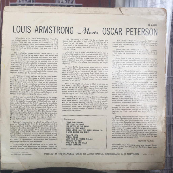 Louis Armstrong, Oscar Peterson : Louis Armstrong Meets Oscar Peterson (LP, Album, Mono)