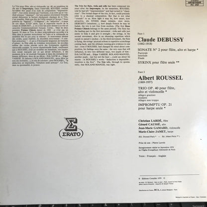 Claude Debussy / Albert Roussel - Marie-Claire Jamet - Christian Lardé, Gérard Caussé - Jean-Marie Gamard : Sonate N°2 Pour Flute,Alto & Harpe - Syrinx Pour Flute Seule / Trio Pour Flute,Alto & Violoncelle Op.40 - Impromtu Pour Harpe Op.21 (LP)