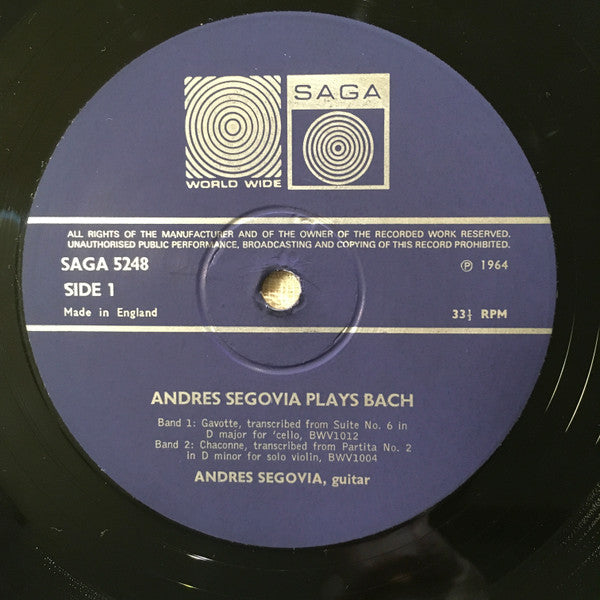 Andrés Segovia, Johann Sebastian Bach : Segovia Plays Bach (LP)
