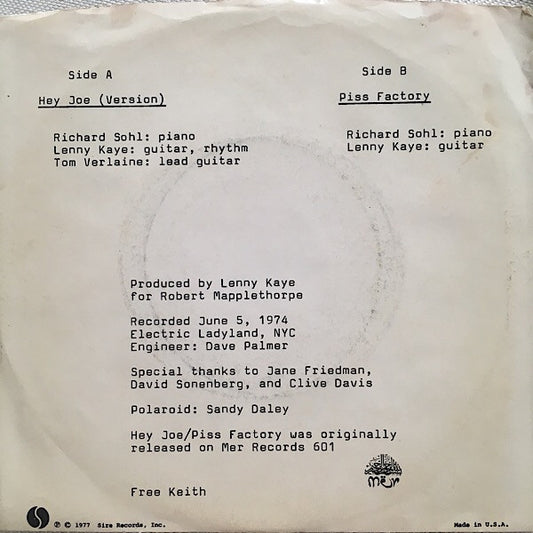 Patti Smith : Hey Joe (Version) / Piss Factory (7", Single, Mono, RE)