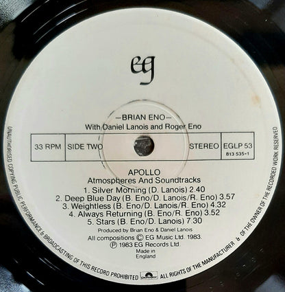 Brian Eno With Daniel Lanois & Roger Eno : Apollo - Atmospheres & Soundtracks (LP, Album)