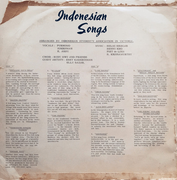 Indonesian Student's Association In Victoria : Indonesian Songs (LP, Album)