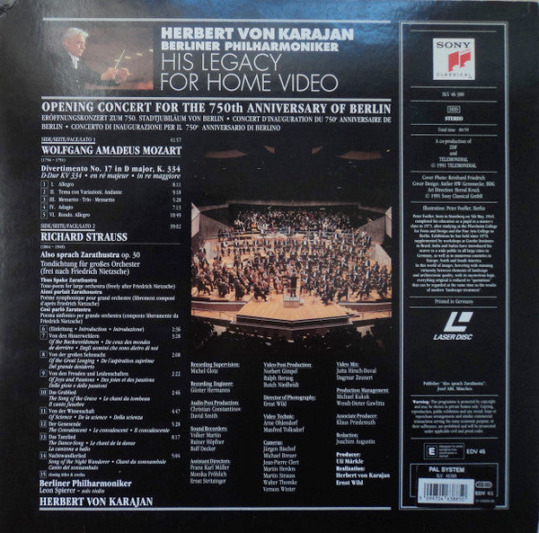 Herbert von Karajan, Berliner Philharmoniker, Wolfgang Amadeus Mozart / Richard Strauss : Divertimento K. 334 / Also Sprach Zarathustra (Opening Concert Berlin - 750 Years) (Laserdisc, 12", PAL)