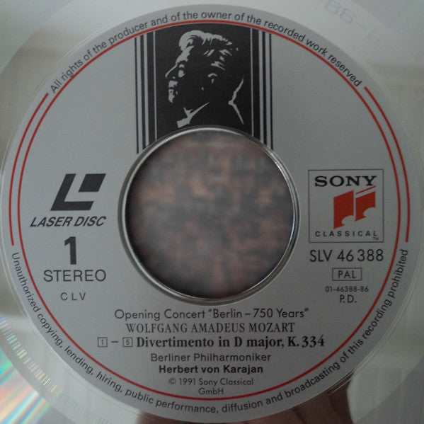 Herbert von Karajan, Berliner Philharmoniker, Wolfgang Amadeus Mozart / Richard Strauss : Divertimento K. 334 / Also Sprach Zarathustra (Opening Concert Berlin - 750 Years) (Laserdisc, 12", PAL)