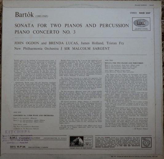 Bartók*, John Ogdon  & Brenda Lucas, Tristan Fry & James Holland, New Philharmonia Orchestra, Sir Malcolm Sargent : Sonata For Two Pianos And Percussion / Piano Concerto No. 3 (LP, RE)