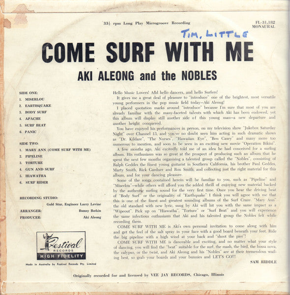 Aki Aleong And The Nobles* : Come Surf With Me (LP, Album, Mono)
