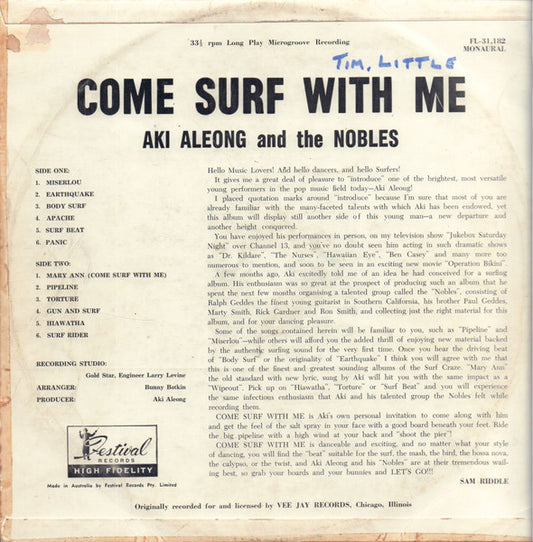 Aki Aleong And The Nobles* : Come Surf With Me (LP, Album, Mono)