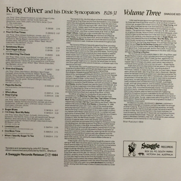 King Oliver & His Dixie Syncopators : 1928-31 Volume 3 (LP, Comp, Mono)