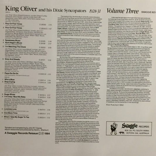 King Oliver & His Dixie Syncopators : 1928-31 Volume 3 (LP, Comp, Mono)