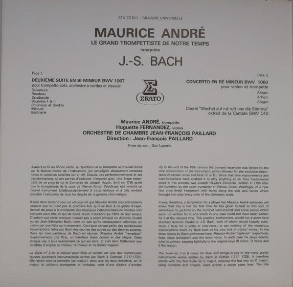 Maurice André interprète J.S. Bach* - Huguette Fernandez - Orchestre De Chambre Jean-François Paillard : Suite En Si Mineur - Concerto Pour Violon & Trompette - Cantate 140 Choral (LP, Pur)