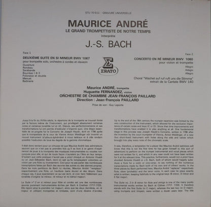 Maurice André interprète J.S. Bach* - Huguette Fernandez - Orchestre De Chambre Jean-François Paillard : Suite En Si Mineur - Concerto Pour Violon & Trompette - Cantate 140 Choral (LP, Pur)